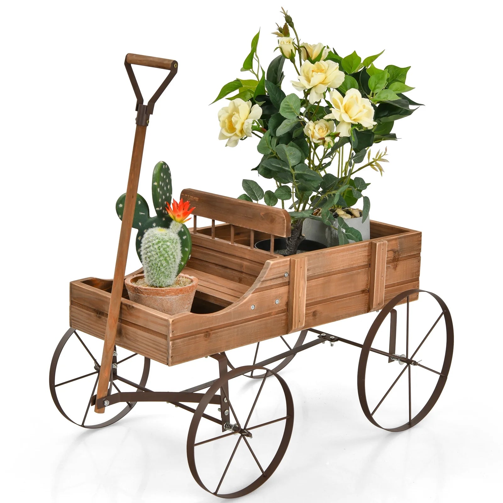 Patiojoy Wooden Garden Flower Planter Wagon Wheel Plant Bed Decorative Garden Planter for Backyard Garden Brown