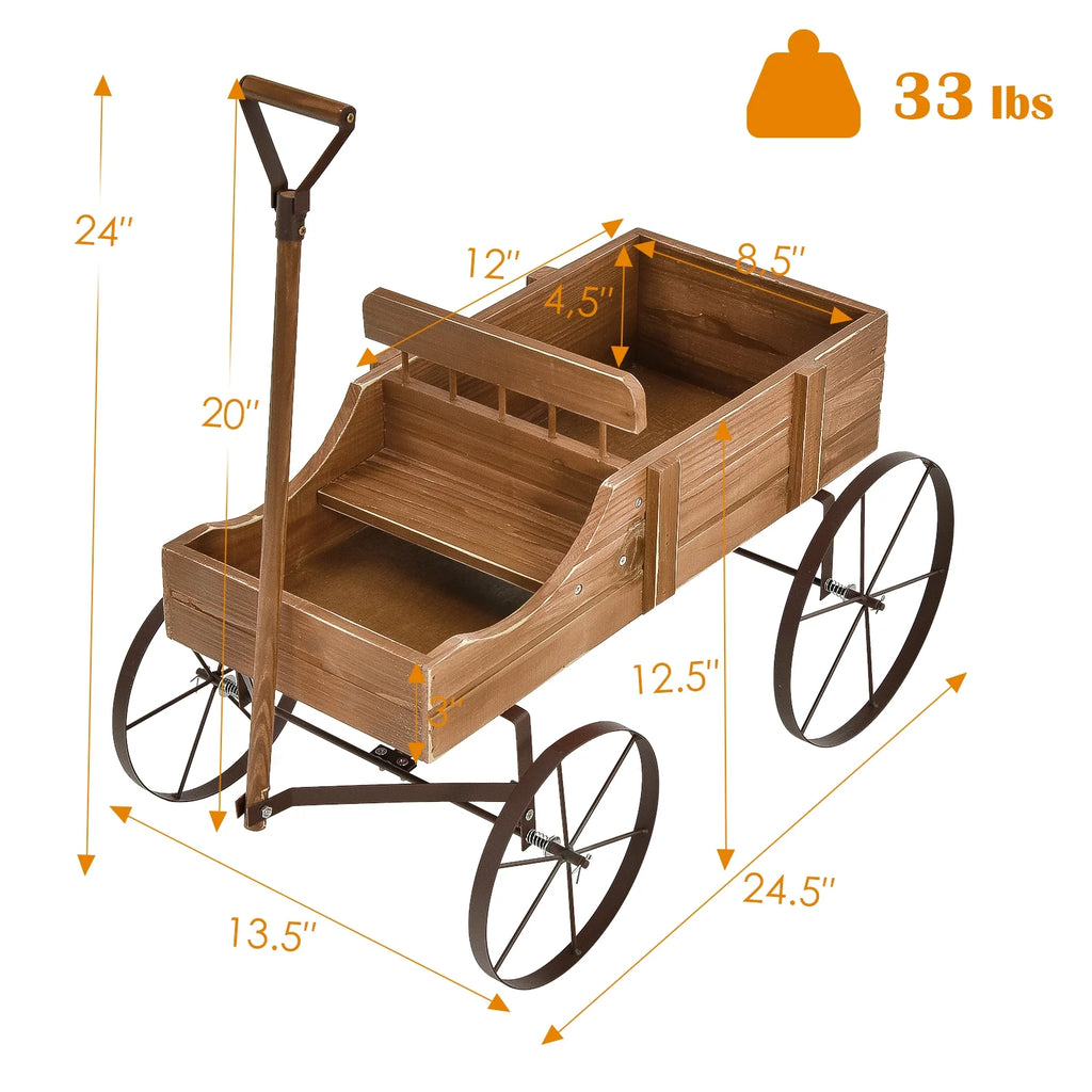 Patiojoy Wooden Garden Flower Planter Wagon Wheel Plant Bed Decorative Garden Planter for Backyard Garden Brown