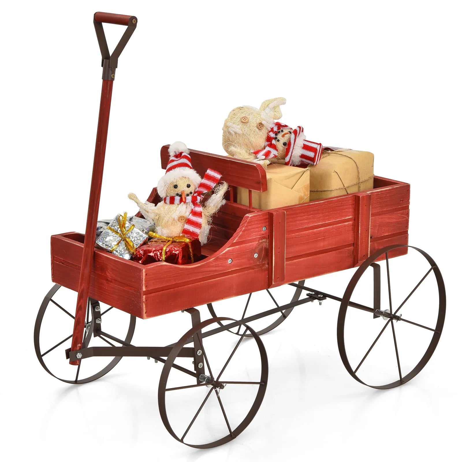 Wooden Garden Flower Planter Wagon Wheel Plant Bed Decorative Garden Planter for Backyard Garden Red