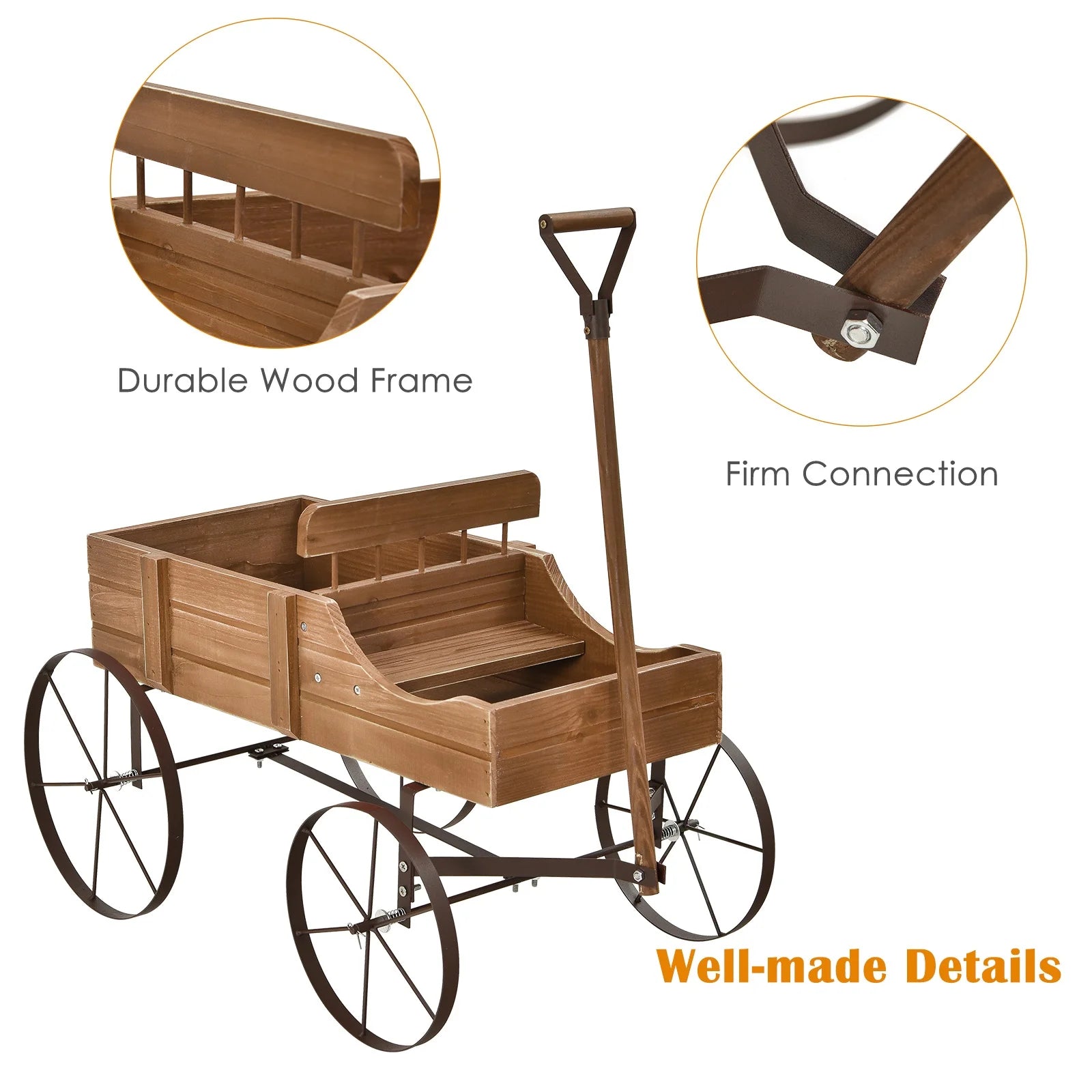 Patiojoy Wooden Garden Flower Planter Wagon Wheel Plant Bed Decorative Garden Planter for Backyard Garden Brown