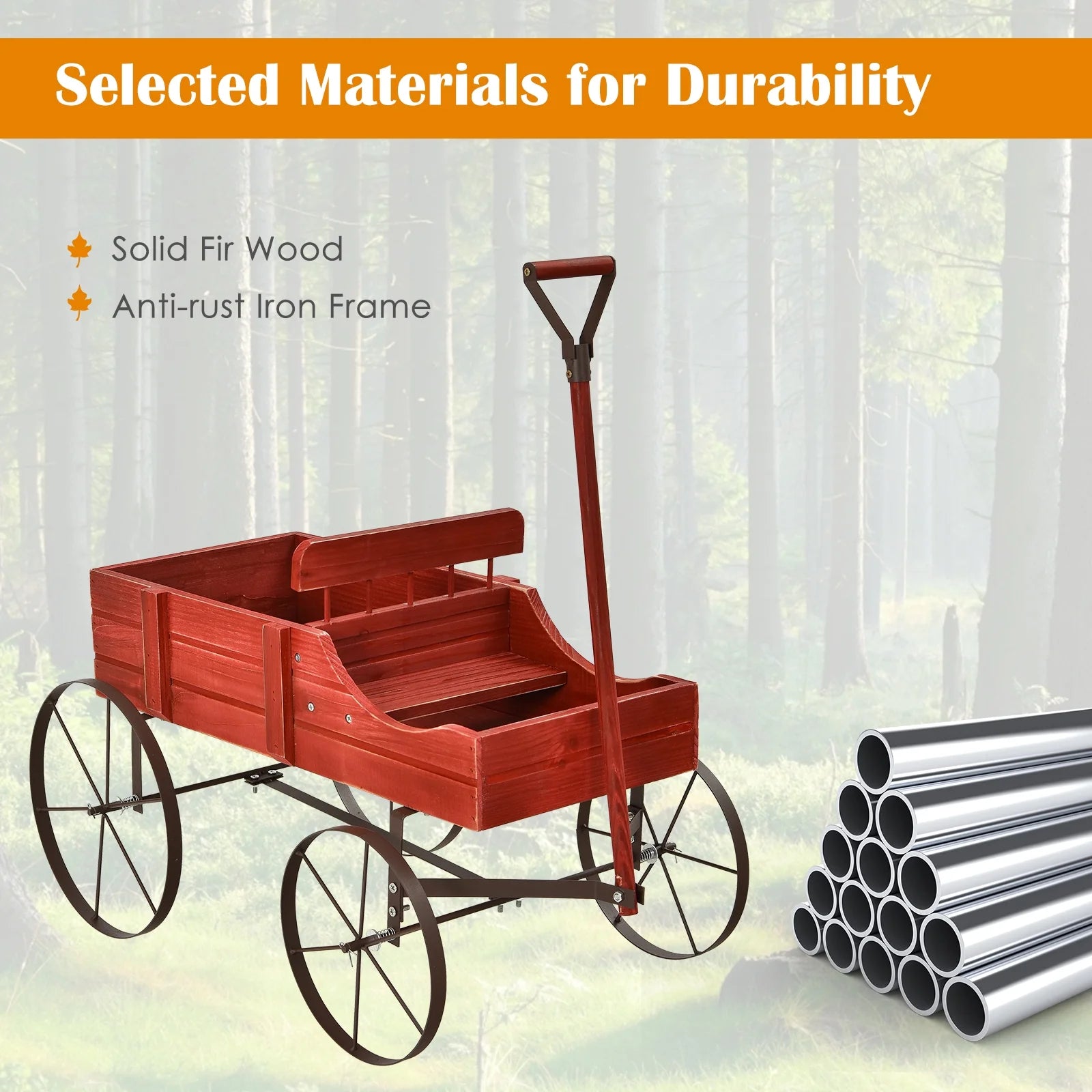 Wooden Garden Flower Planter Wagon Wheel Plant Bed Decorative Garden Planter for Backyard Garden Red