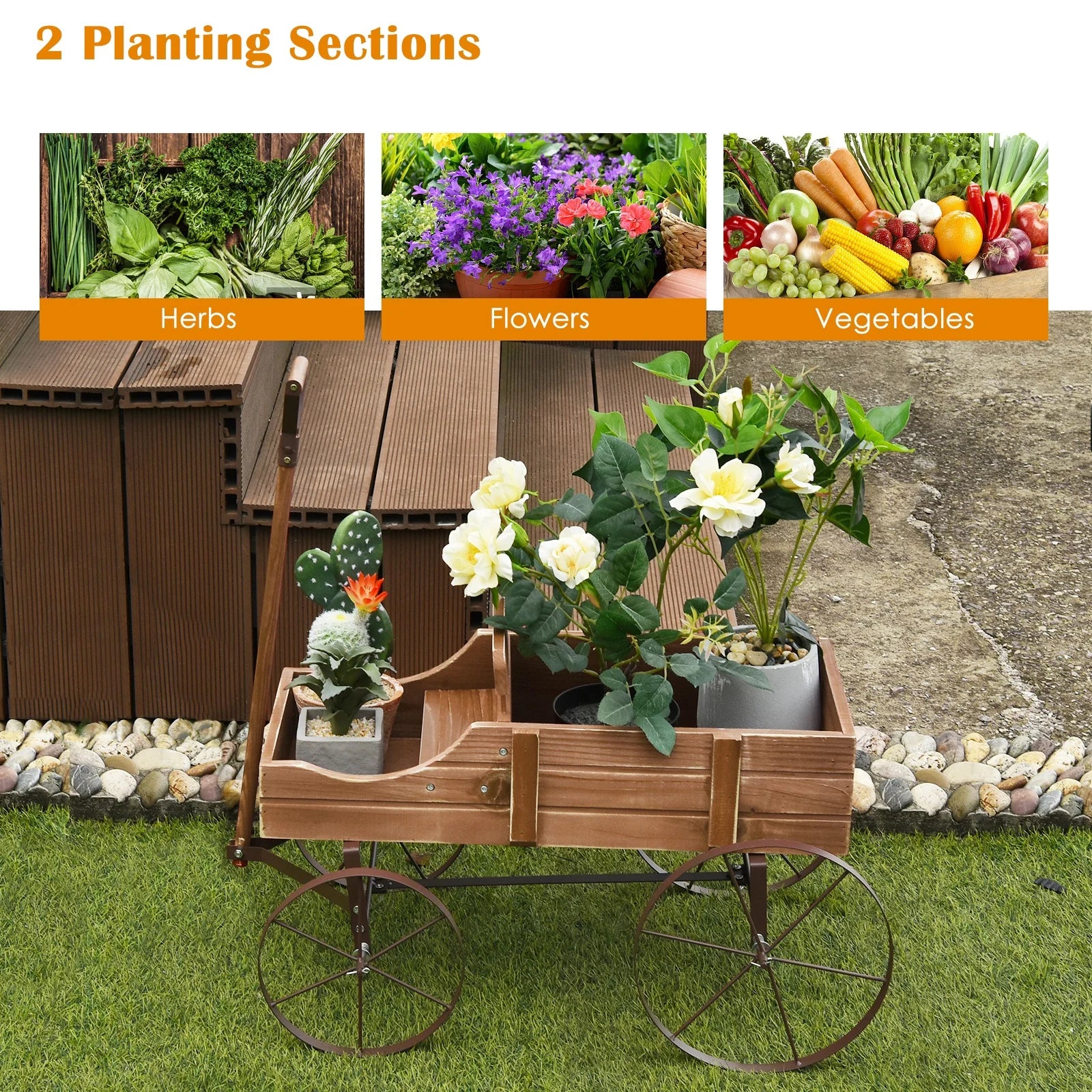 Patiojoy Wooden Garden Flower Planter Wagon Wheel Plant Bed Decorative Garden Planter for Backyard Garden Brown