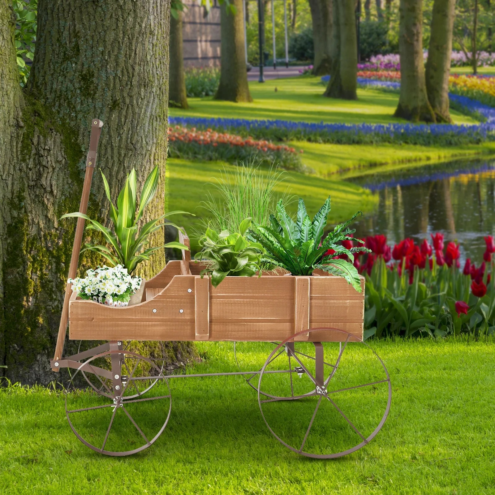 Patiojoy Wooden Garden Flower Planter Wagon Wheel Plant Bed Decorative Garden Planter for Backyard Garden Brown