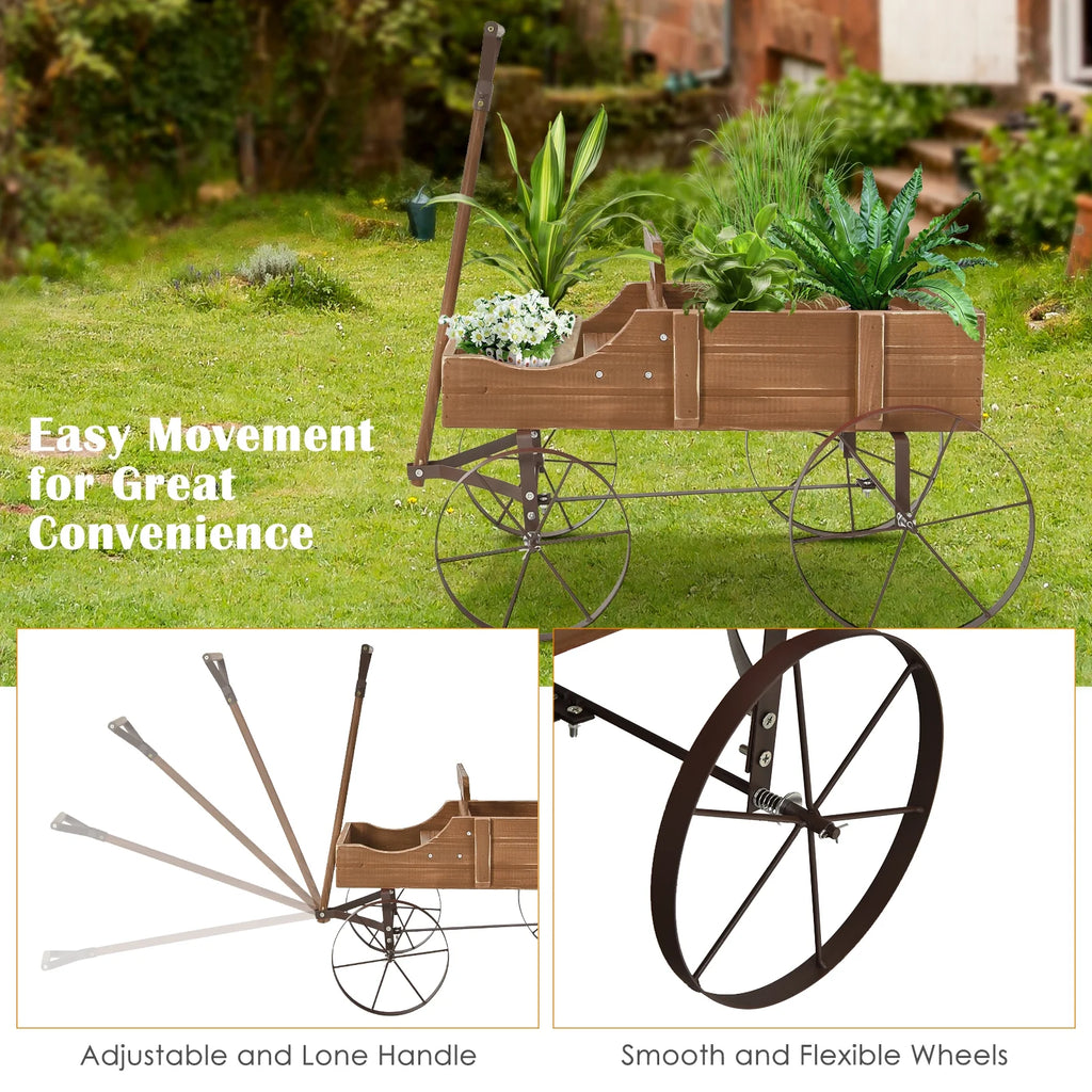 Patiojoy Wooden Garden Flower Planter Wagon Wheel Plant Bed Decorative Garden Planter for Backyard Garden Brown
