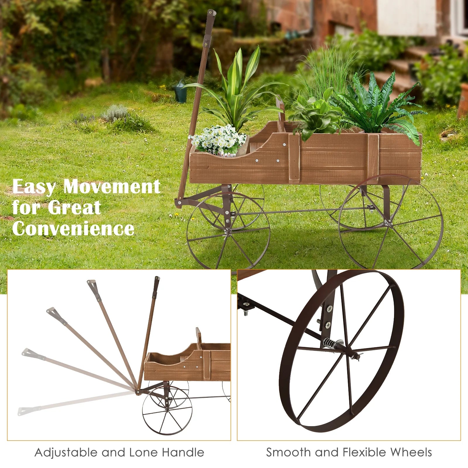 Patiojoy Wooden Garden Flower Planter Wagon Wheel Plant Bed Decorative Garden Planter for Backyard Garden Brown