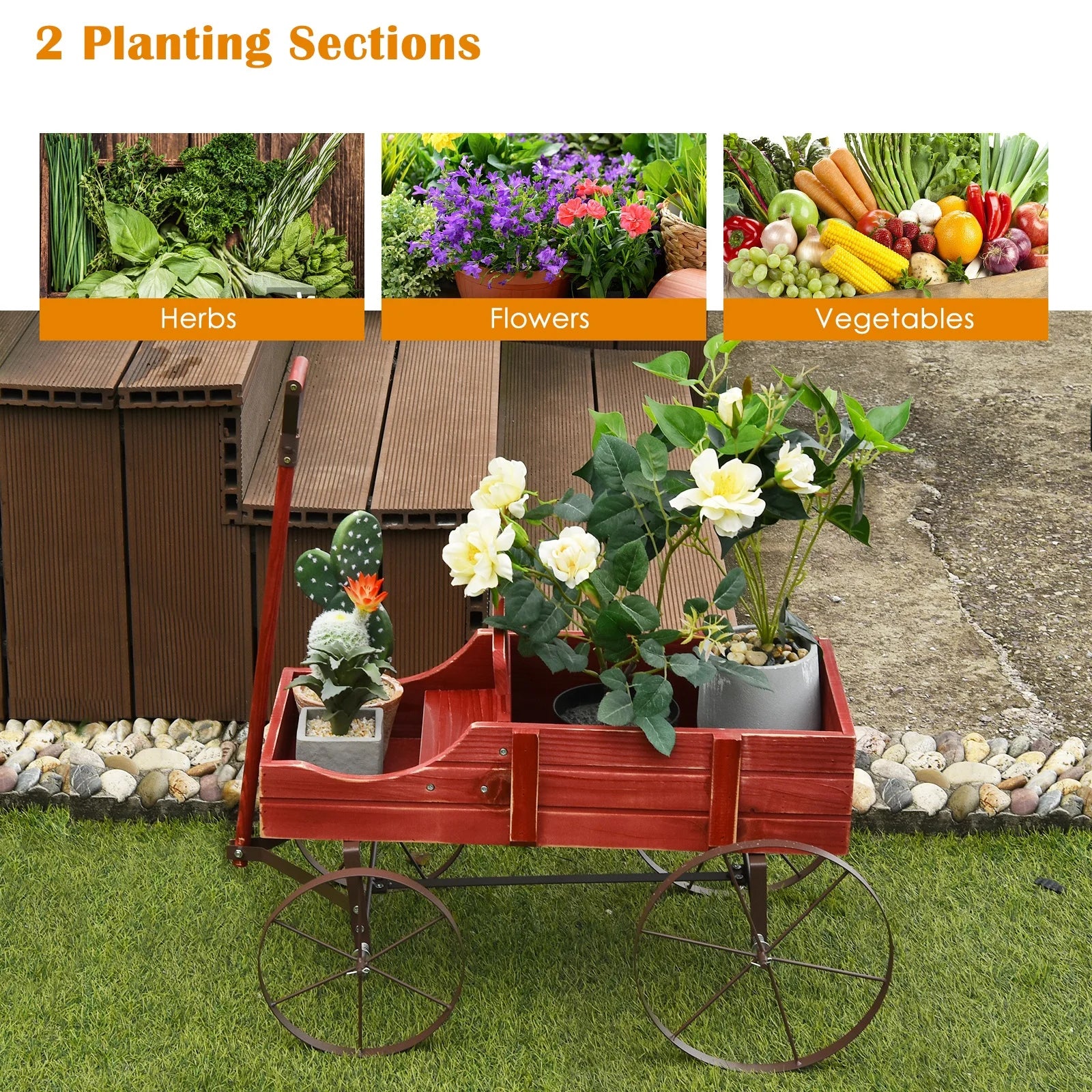 Wooden Garden Flower Planter Wagon Wheel Plant Bed Decorative Garden Planter for Backyard Garden Red