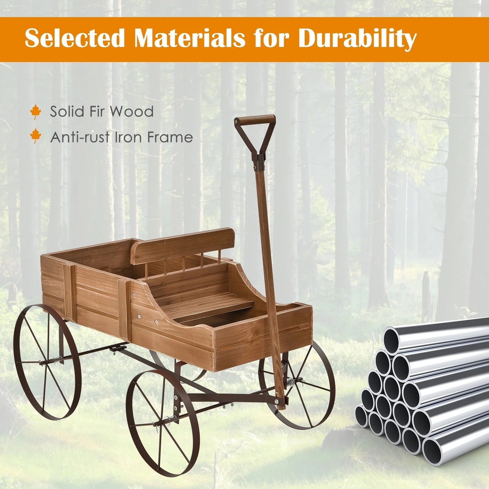 Patiojoy Wooden Garden Flower Planter Wagon Wheel Plant Bed Decorative Garden Planter for Backyard Garden Brown