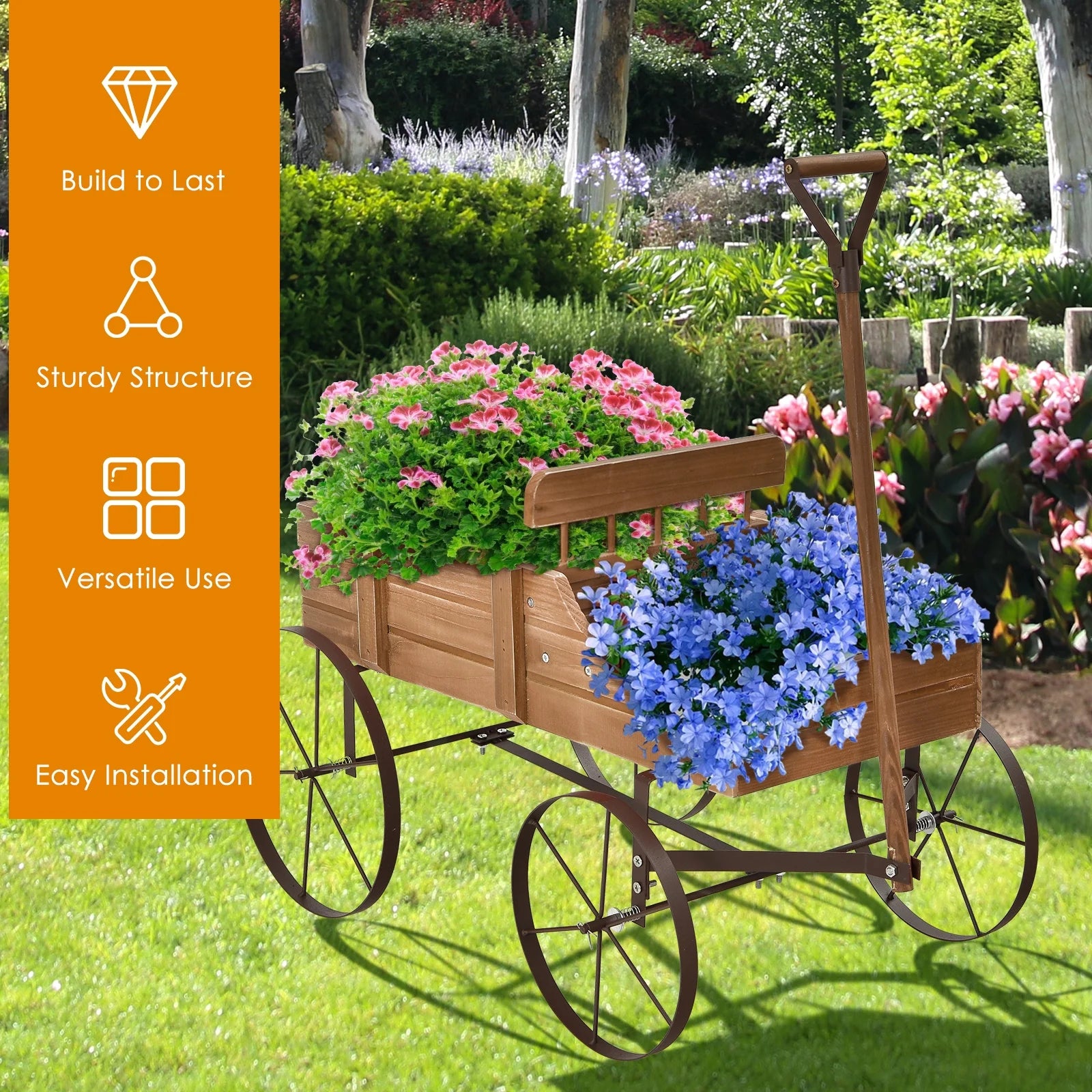 Patiojoy Wooden Garden Flower Planter Wagon Wheel Plant Bed Decorative Garden Planter for Backyard Garden Brown